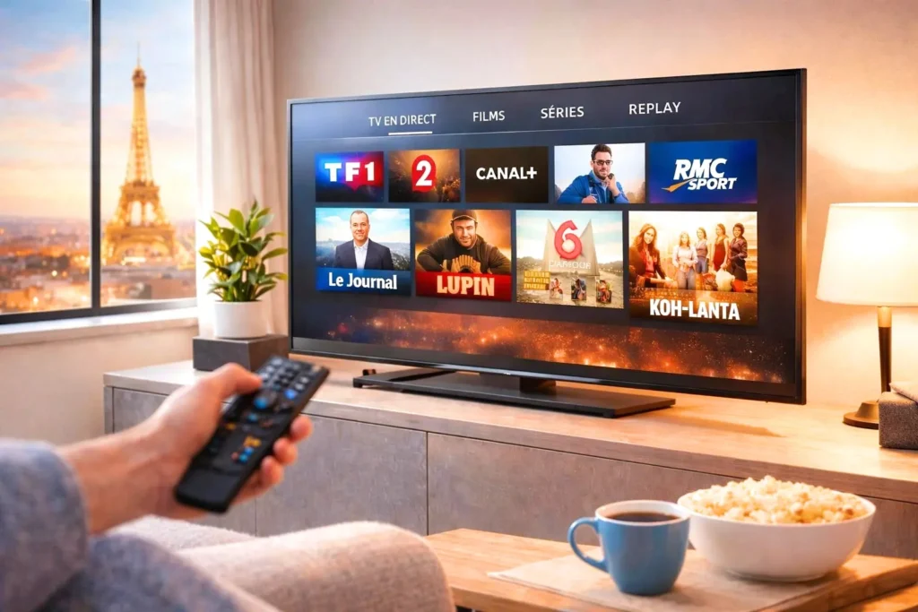 interface French IPTV sur un écran moderne avec chaînes francophones pour la France